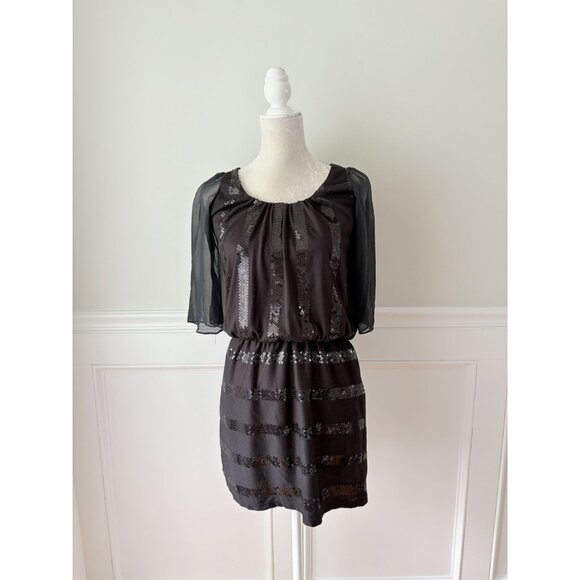 Black Sequin Blouson Dress With Sheer Sleeves By Collective Concepts S - Picture 2 of 5